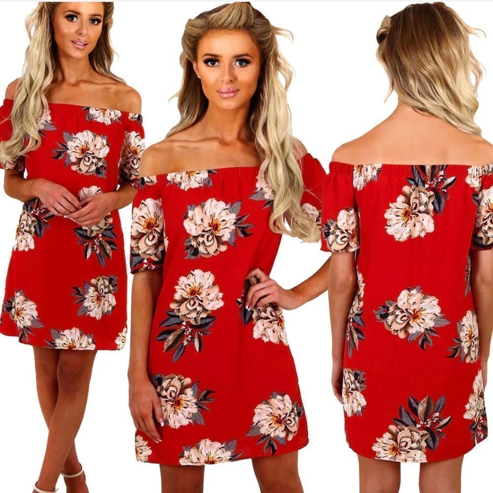Women Off Shoulder Floral Print Dress Beach Dress Casual Mini Sundress Summer US